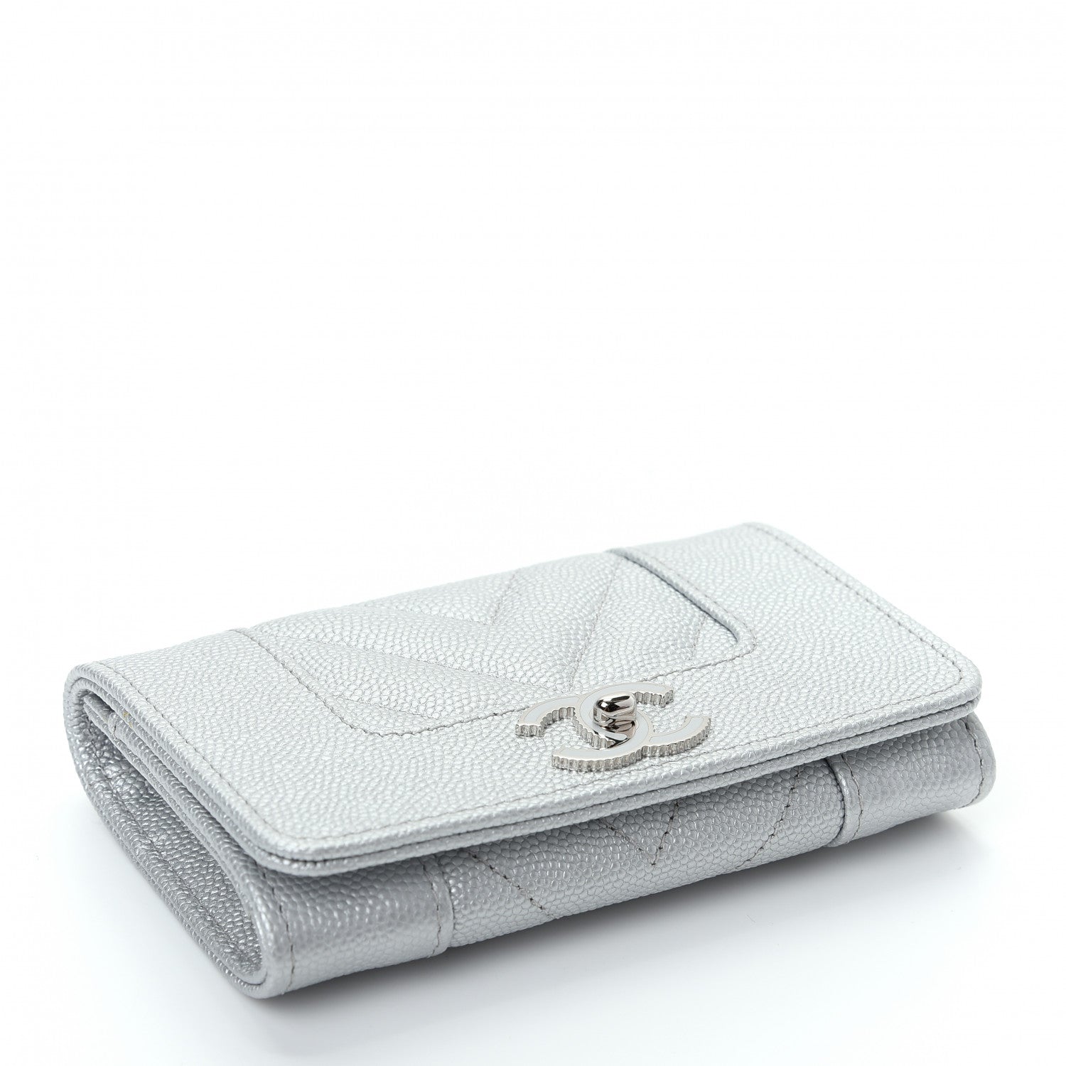 Chanel Metallic Caviar Chevron Quilted Vintage Mademoiselle Flap Card Holder Silver 8 of 17