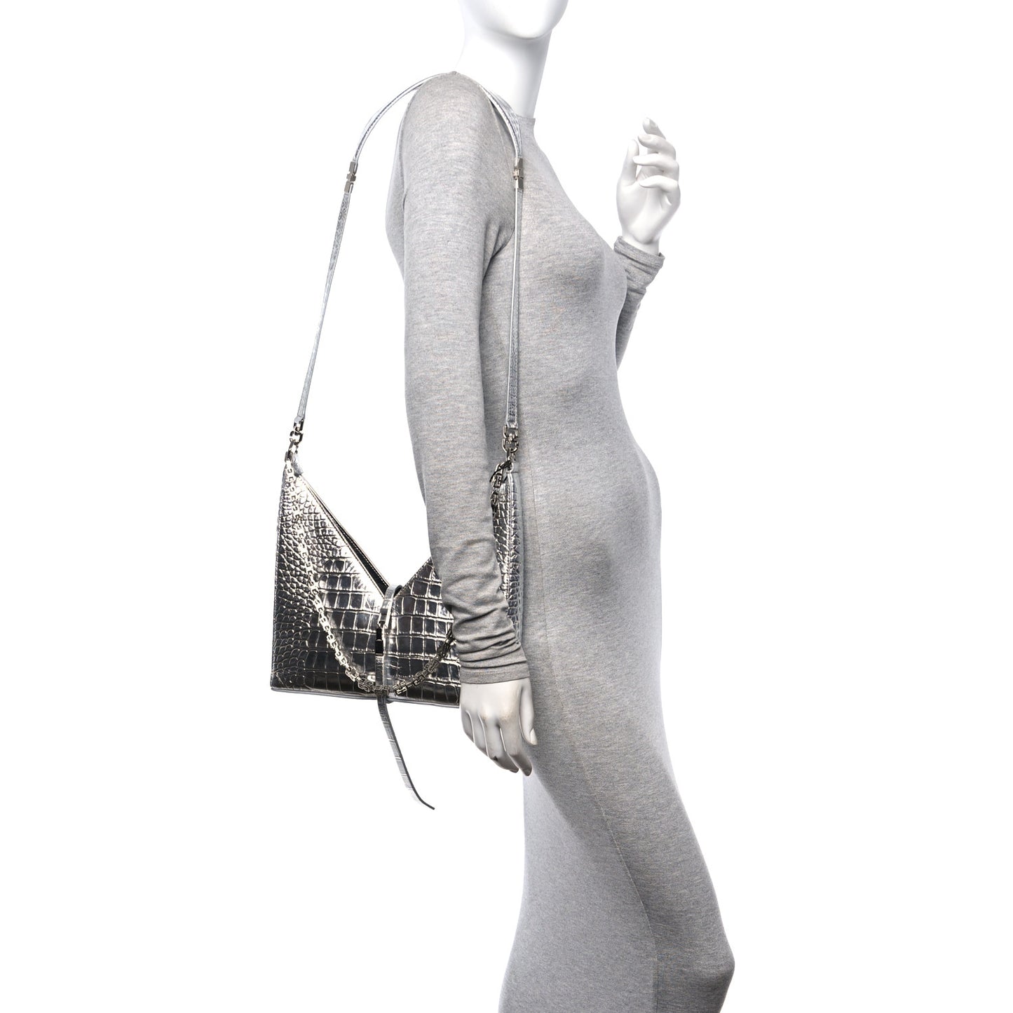 Metallic Calfskin Croc Embossed Small Cut Out Shoulder Bag Silver