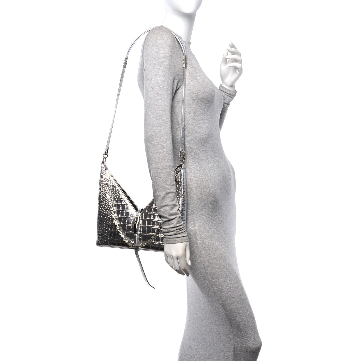 Givenchy Metallic Calfskin Croc Embossed Small Cut Out Shoulder Bag Silver 3 of 10