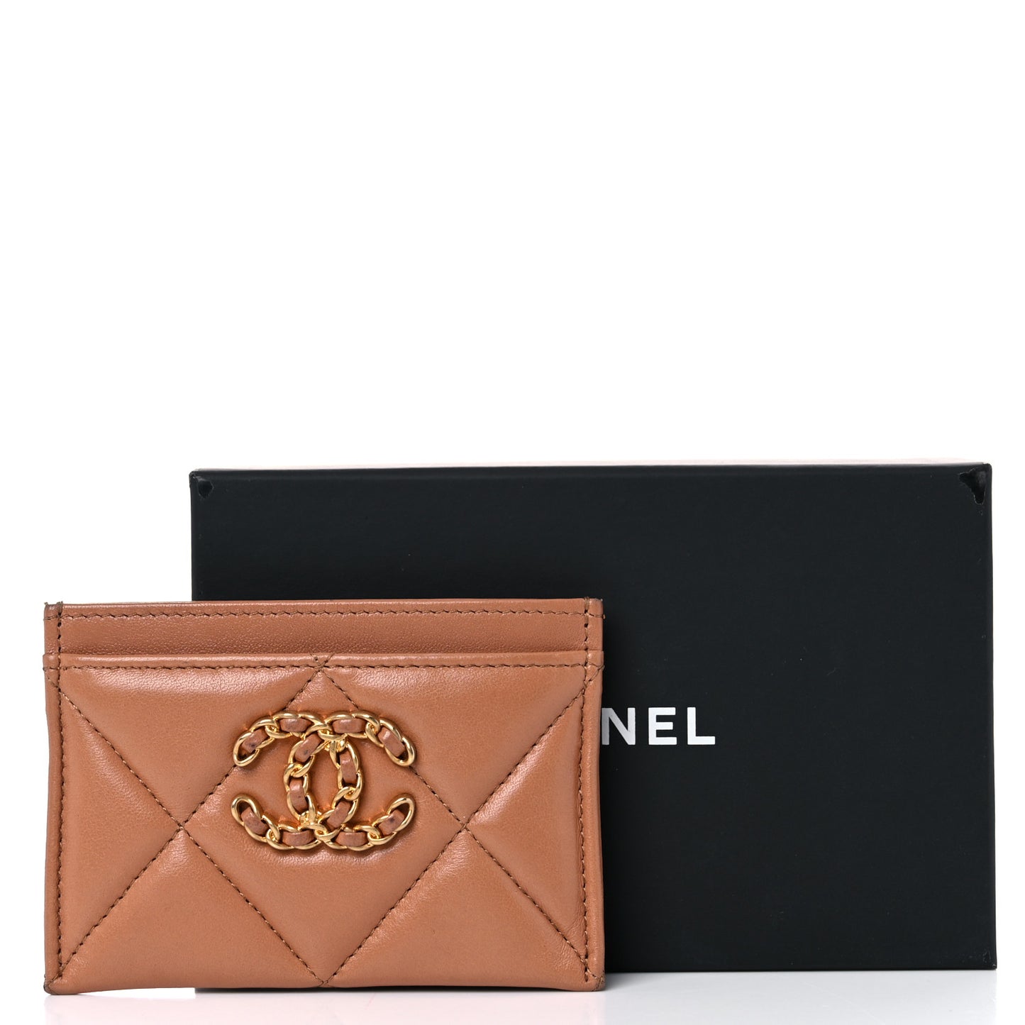 Lambskin Quilted Chanel 19 Card Holder Brown