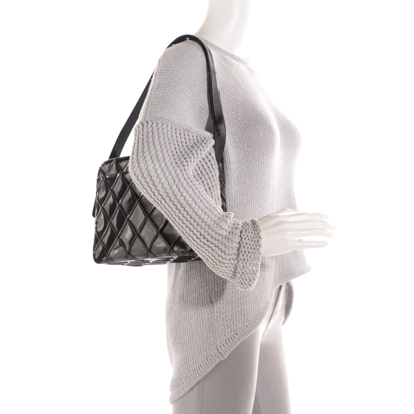 Patent Diamond Stitch Shoulder Bag Black
