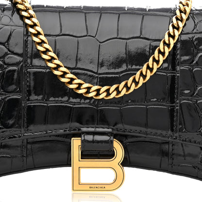 Balenciaga Shiny Calfskin Crocodile Embossed Hourglass Chain Bag Black 7 of 9