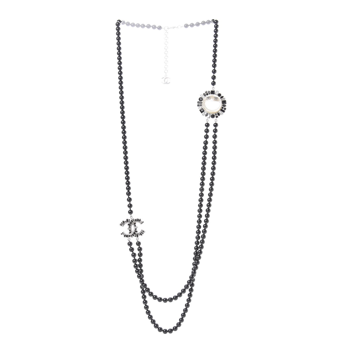 Chanel Bead Crystal Multi Strand CC Smiley Emoji Necklace Silver Black 3 of 6