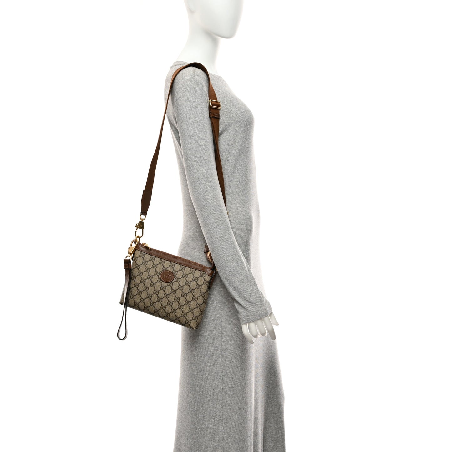 GG Supreme Monogram Azalea Calfskin Small Retro Interlocking G Wristlet Messenger Bag Beige Ebony Brown Sugar