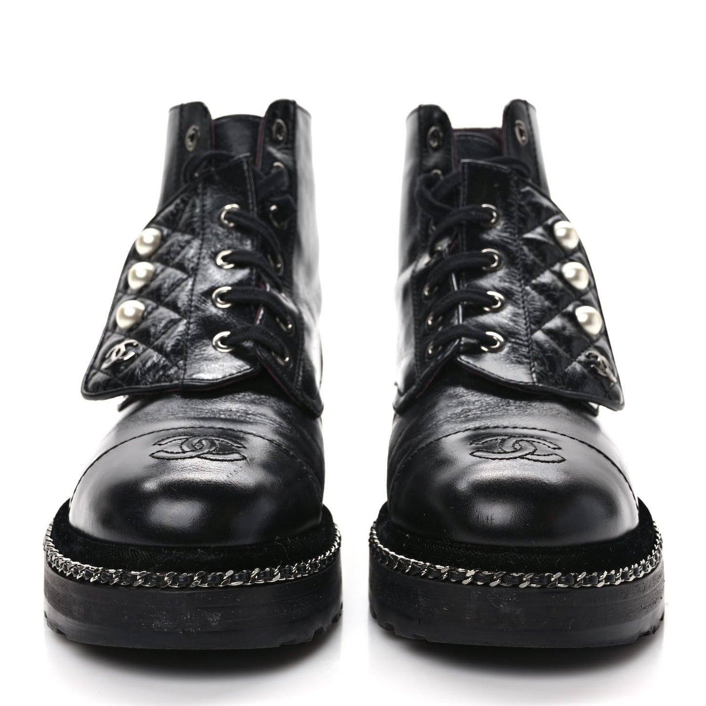 Crackled Calfskin Velvet Pearl Combat Short Boots 36.5 Black