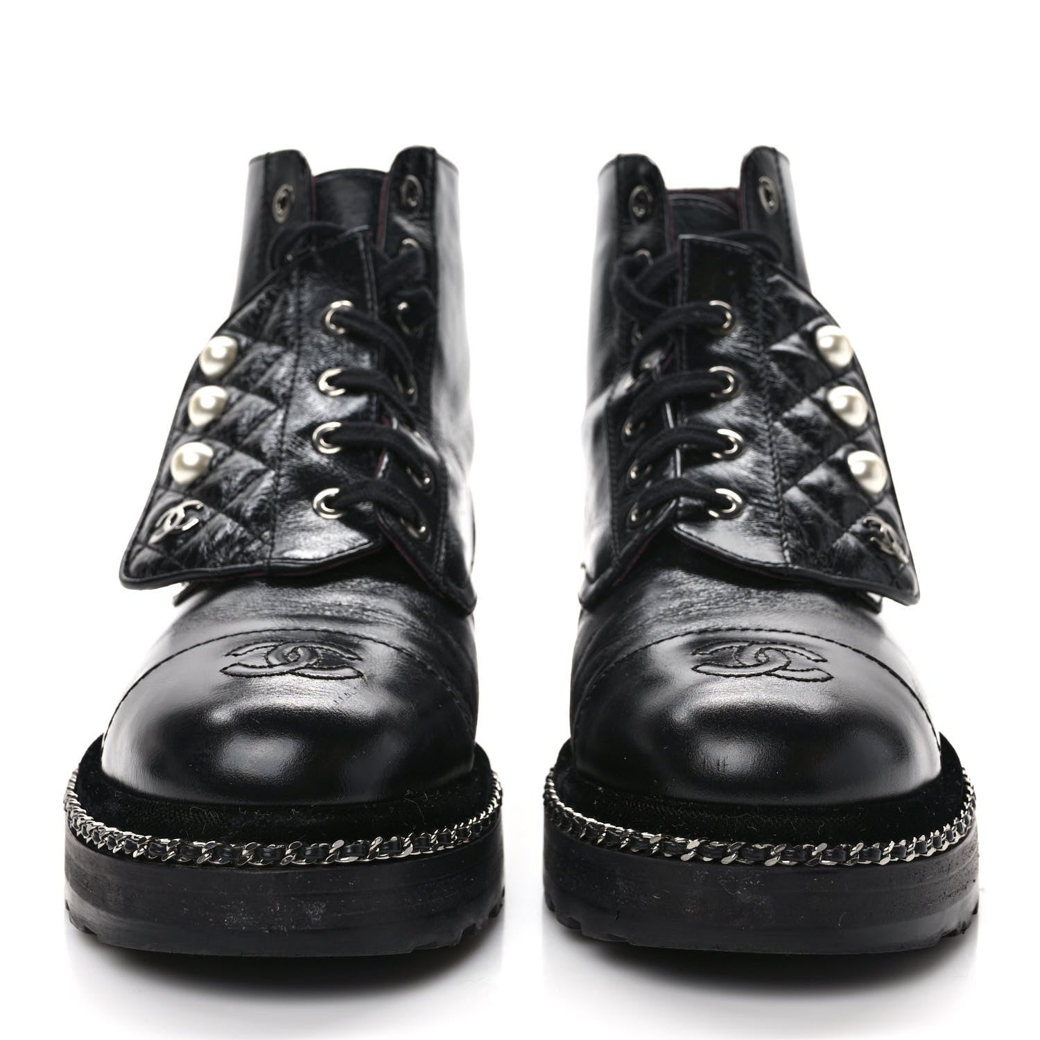 Chanel Crackled Calfskin Velvet Pearl Combat Short Boots 36.5 Black 2 of 8