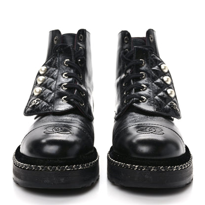Chanel Crackled Calfskin Velvet Pearl Combat Short Boots 36.5 Black 2 of 8