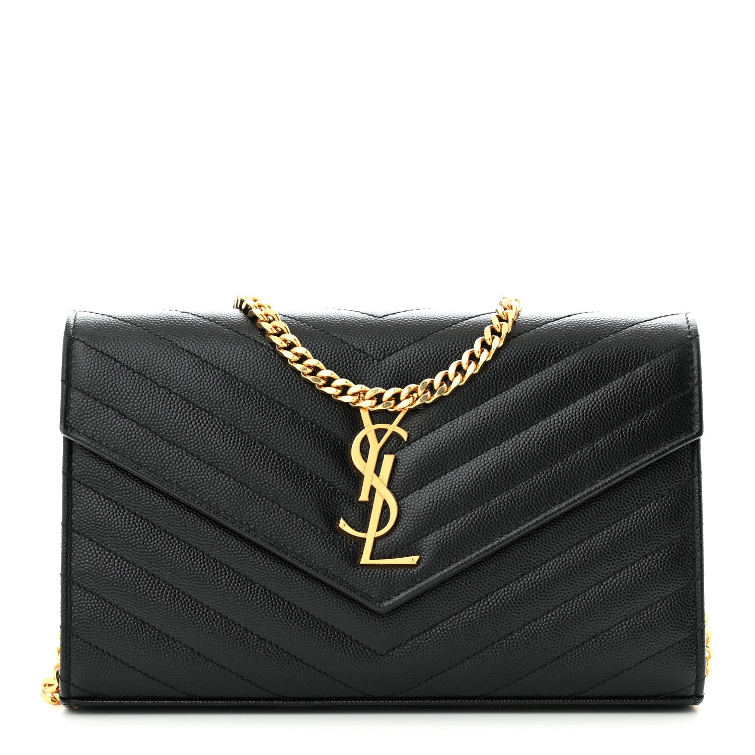 Saint Laurent Grain De Poudre Matelasse Chevron Monogram Chain Wallet Black 1 of 13