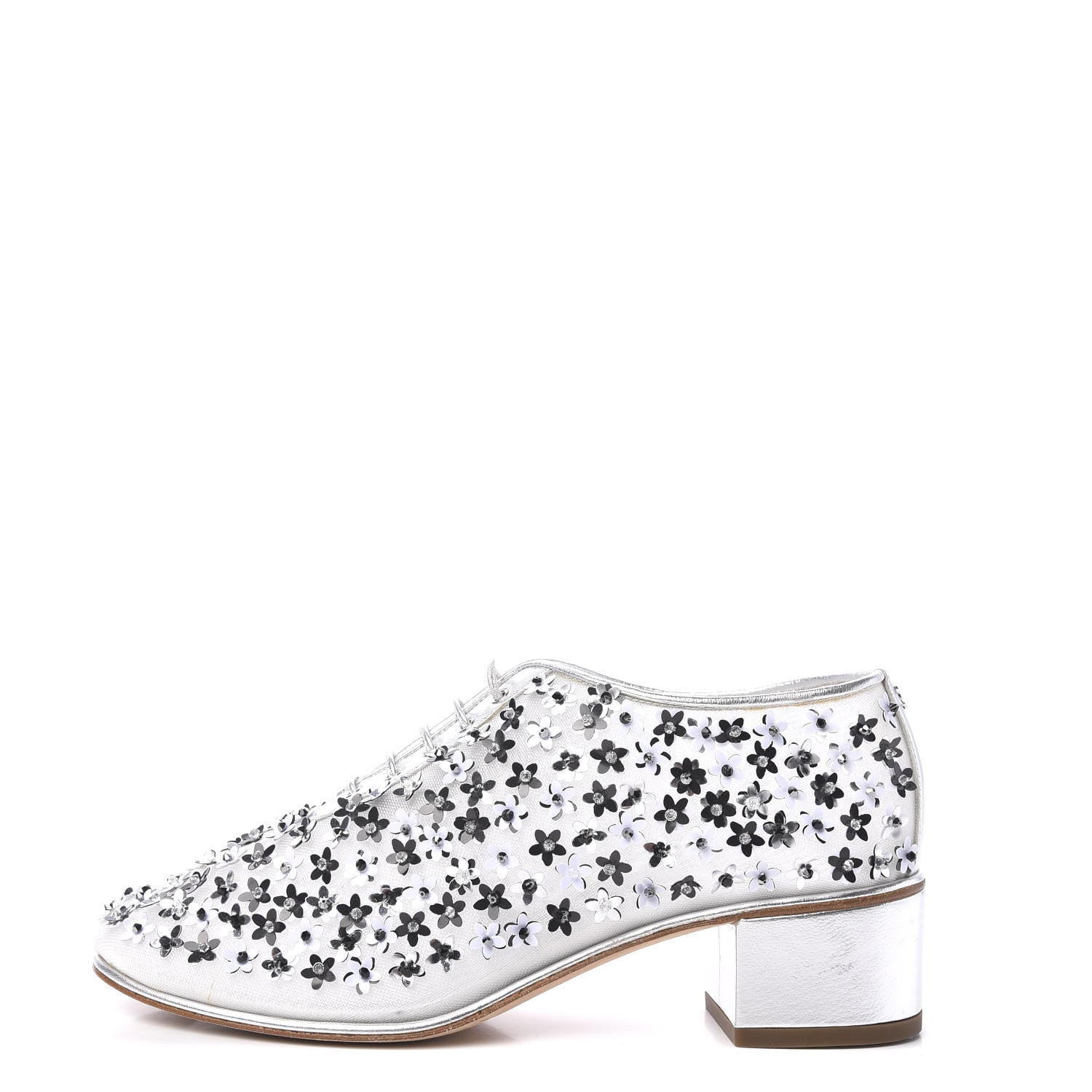 Chanel Mesh Sequin Flower Lace Up Loafers 37 Silver 1 of 9