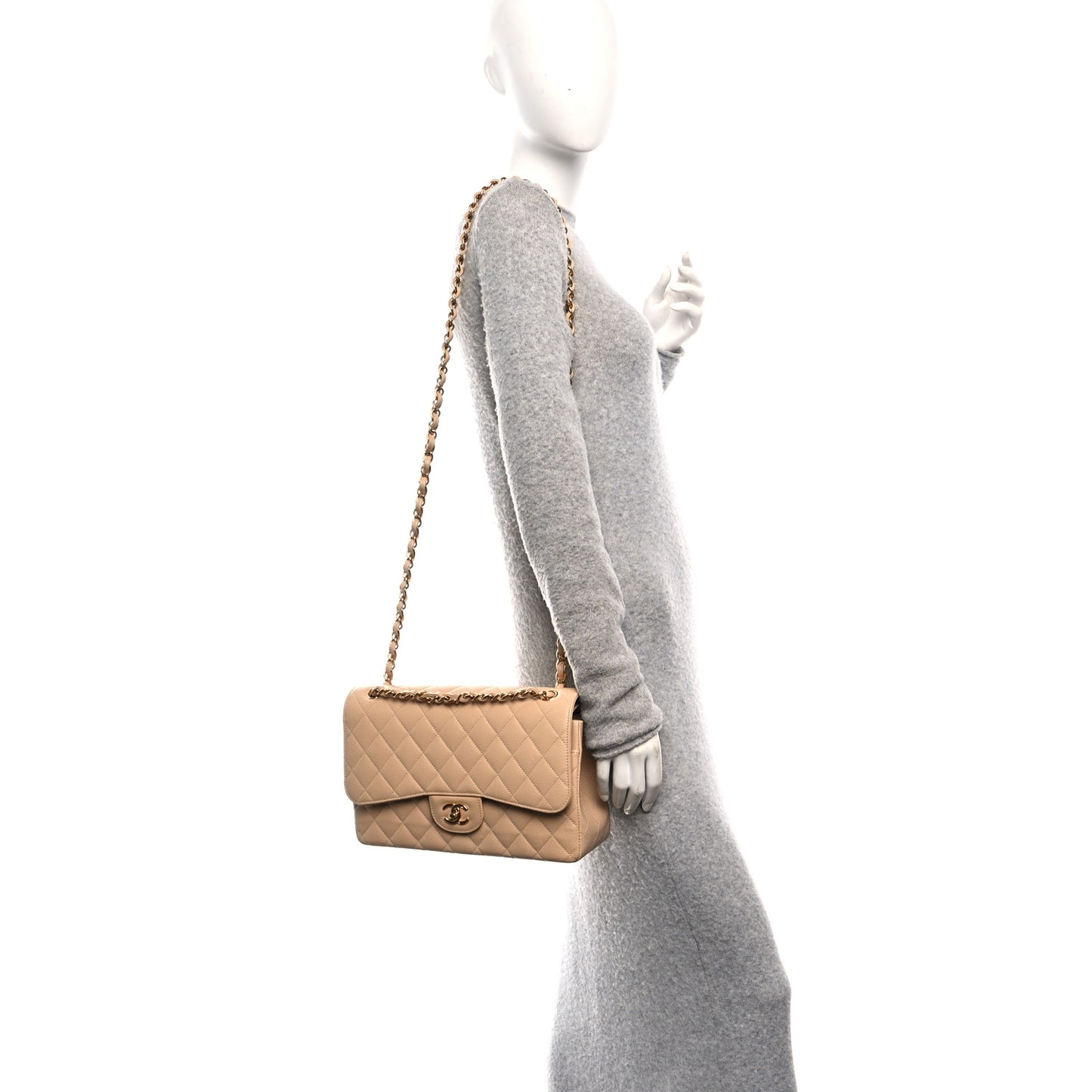 Caviar Quilted Jumbo Double Flap Beige