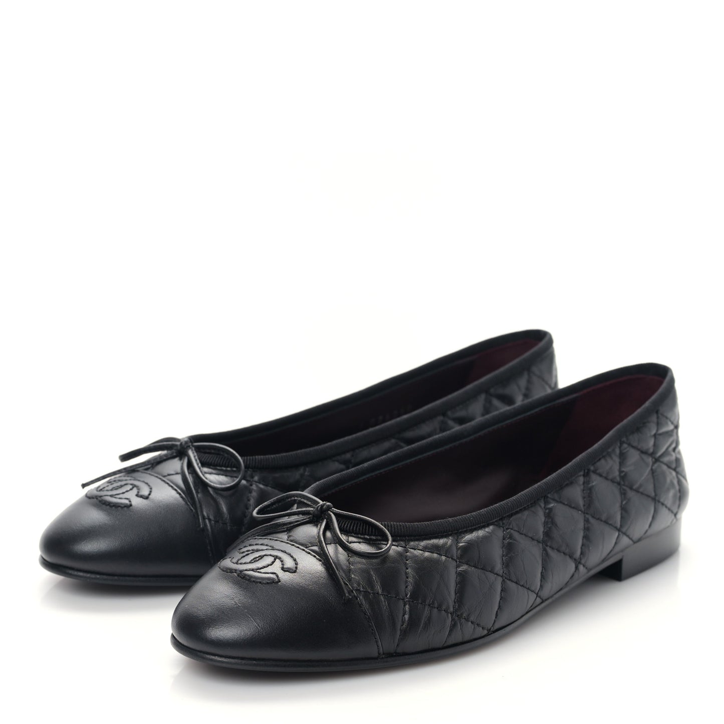 Aged Calfskin Quilted CC Cap Toe Ballerina Flats 38.5 Black