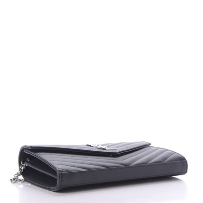 Saint Laurent Grain De Poudre Matelasse Chevron Monogram Chain Wallet Deep Marine 4 of 7