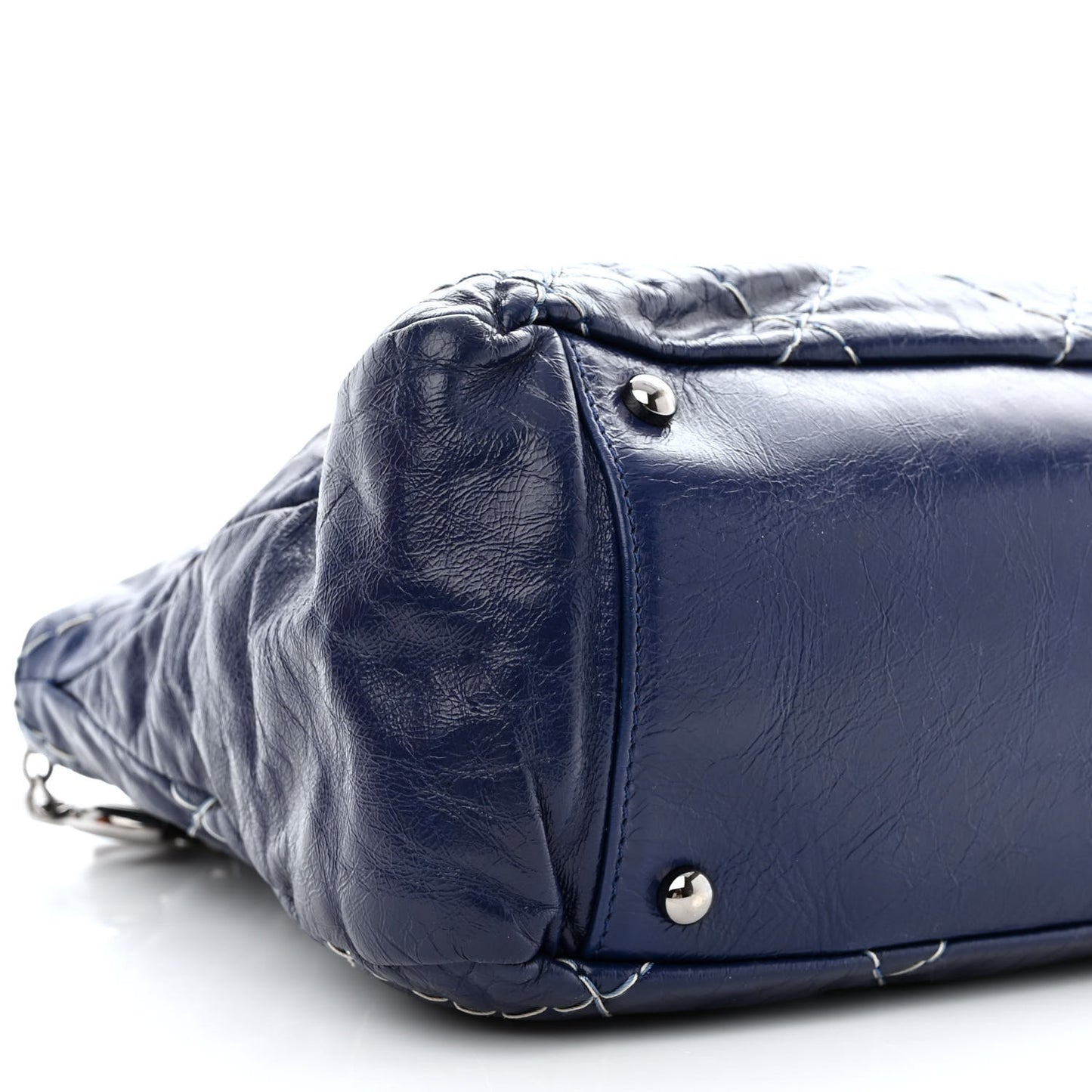 Glazed Goatskin Double Stitch Shoulder Bag Navy Blue