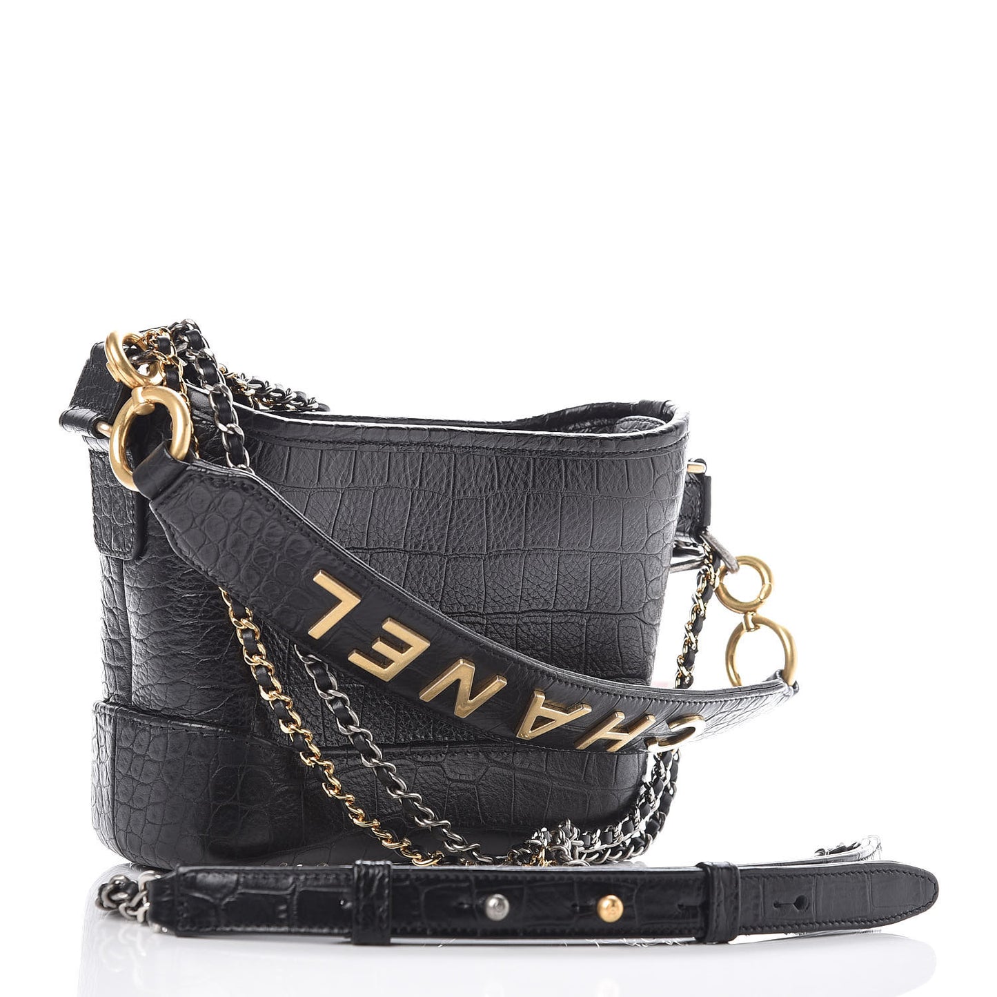 Calfskin Crocodile Embossed Small Gabrielle Cocodile Hobo Black