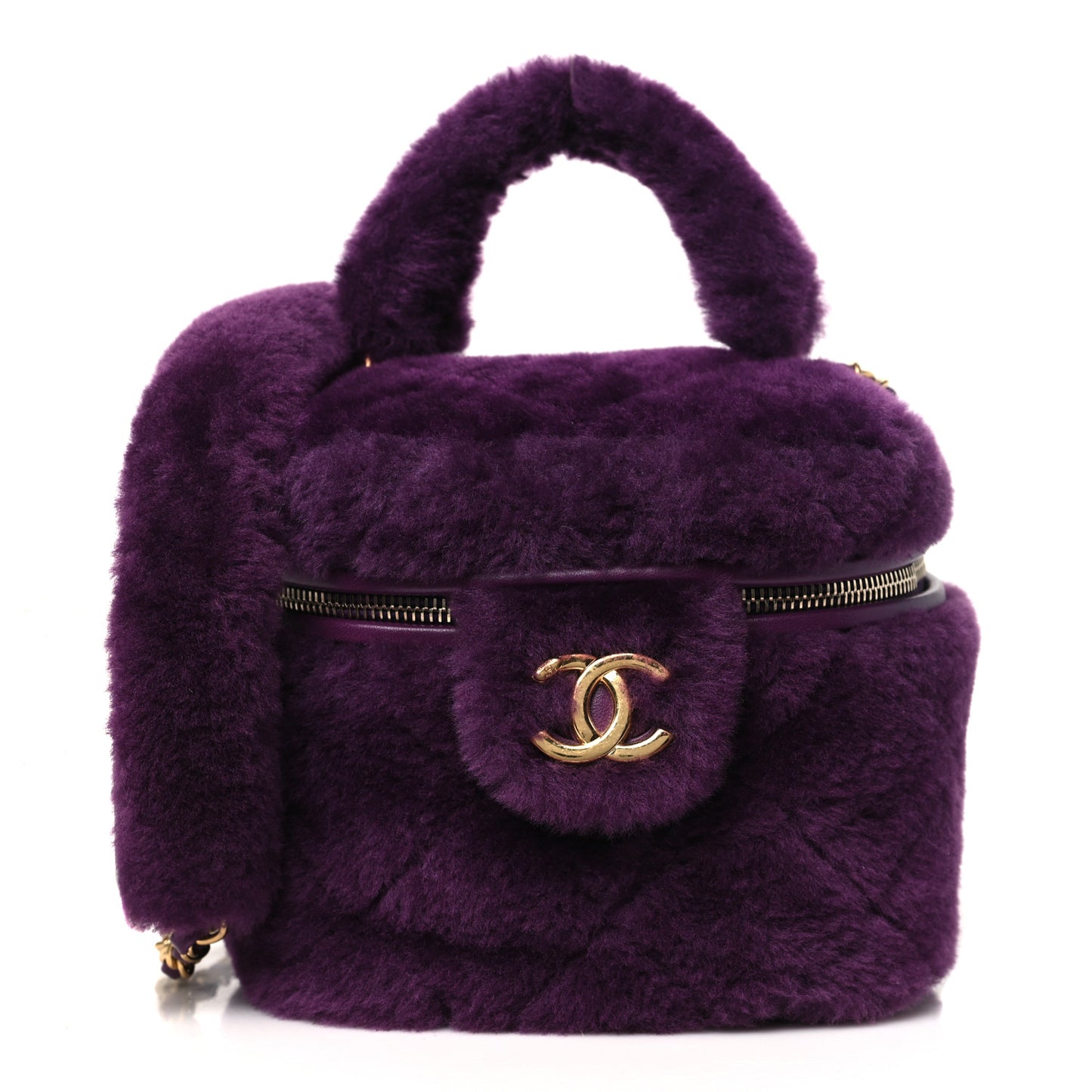 Shearling Lambskin Quilted Small Vanity Case Purple