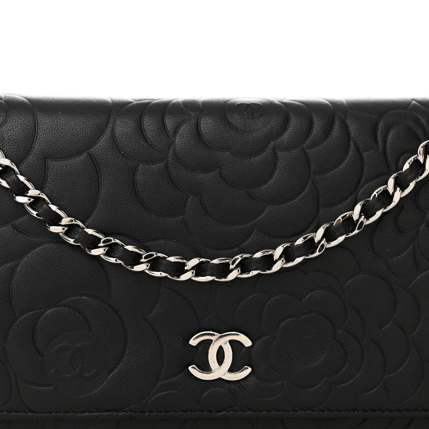 Lambskin Camellia Embossed Wallet on Chain WOC Black
