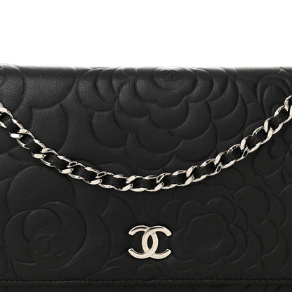 Chanel Lambskin Camellia Embossed Wallet on Chain WOC Black 9 of 17
