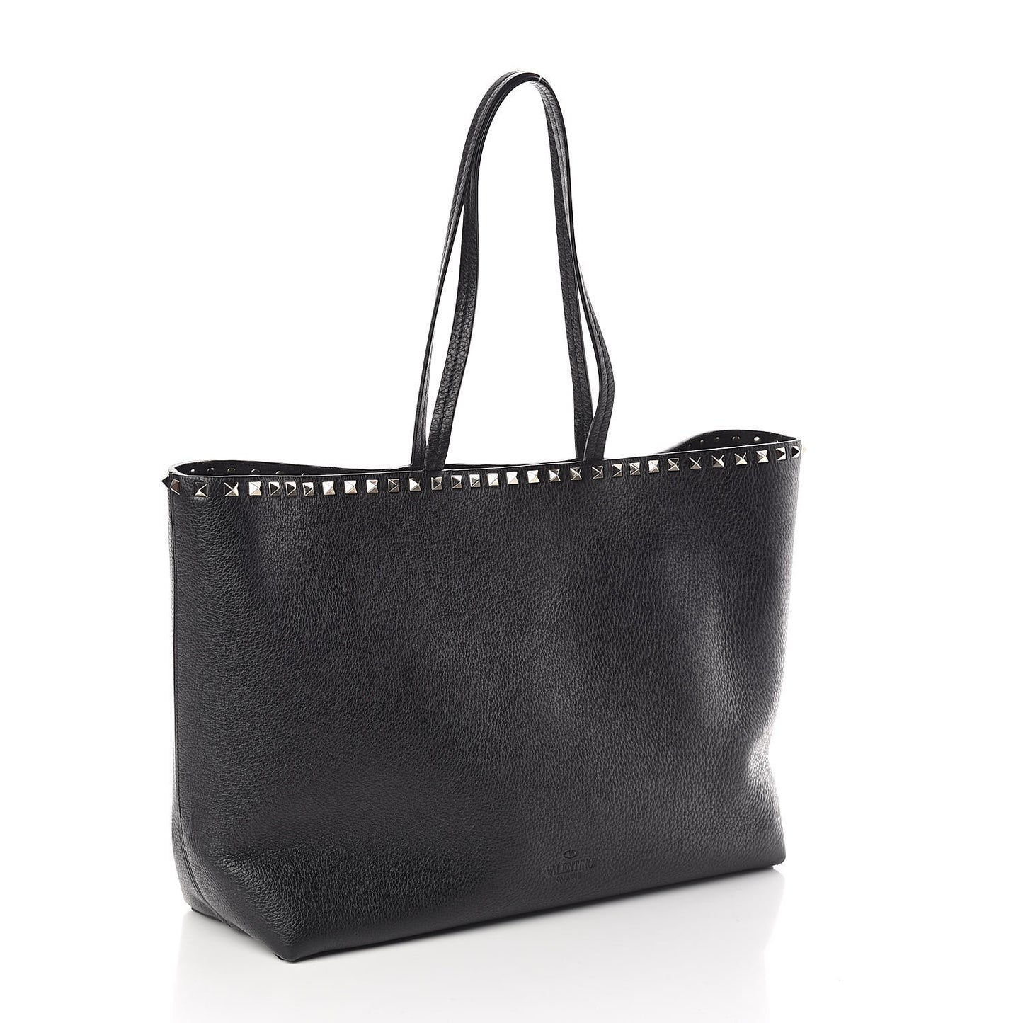 Grained Calfskin Rockstud Shoulder Tote Black