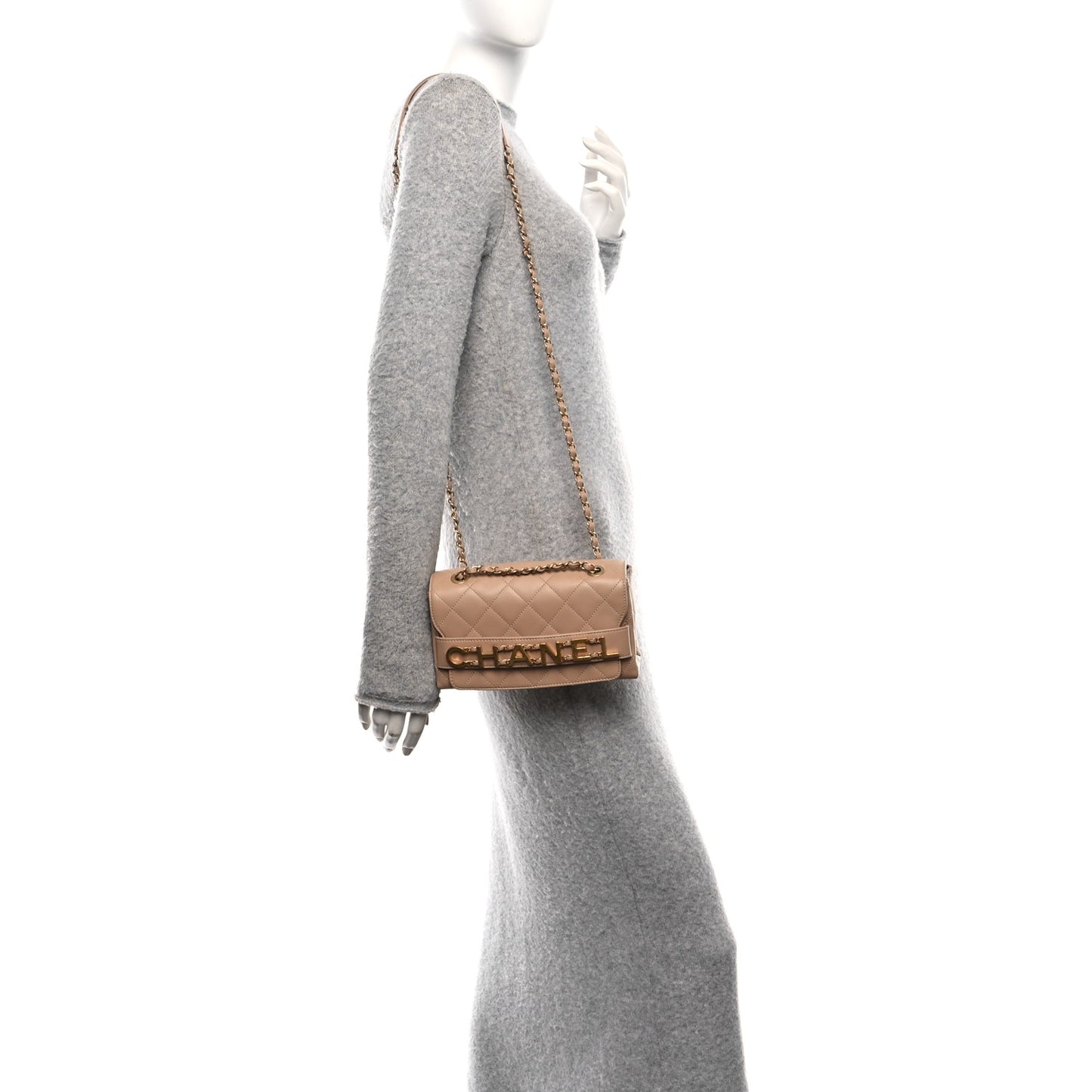 Calfskin Quilted Small Enchained Flap Beige