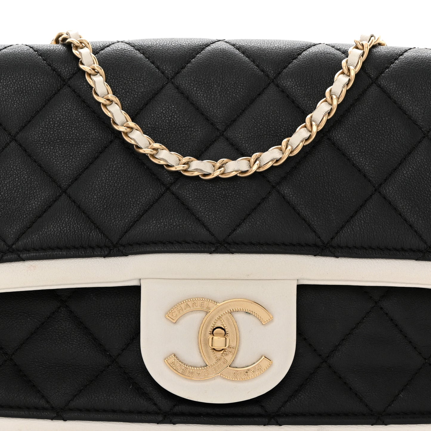 Calfskin Quilted Medium Graphic Flap Black White