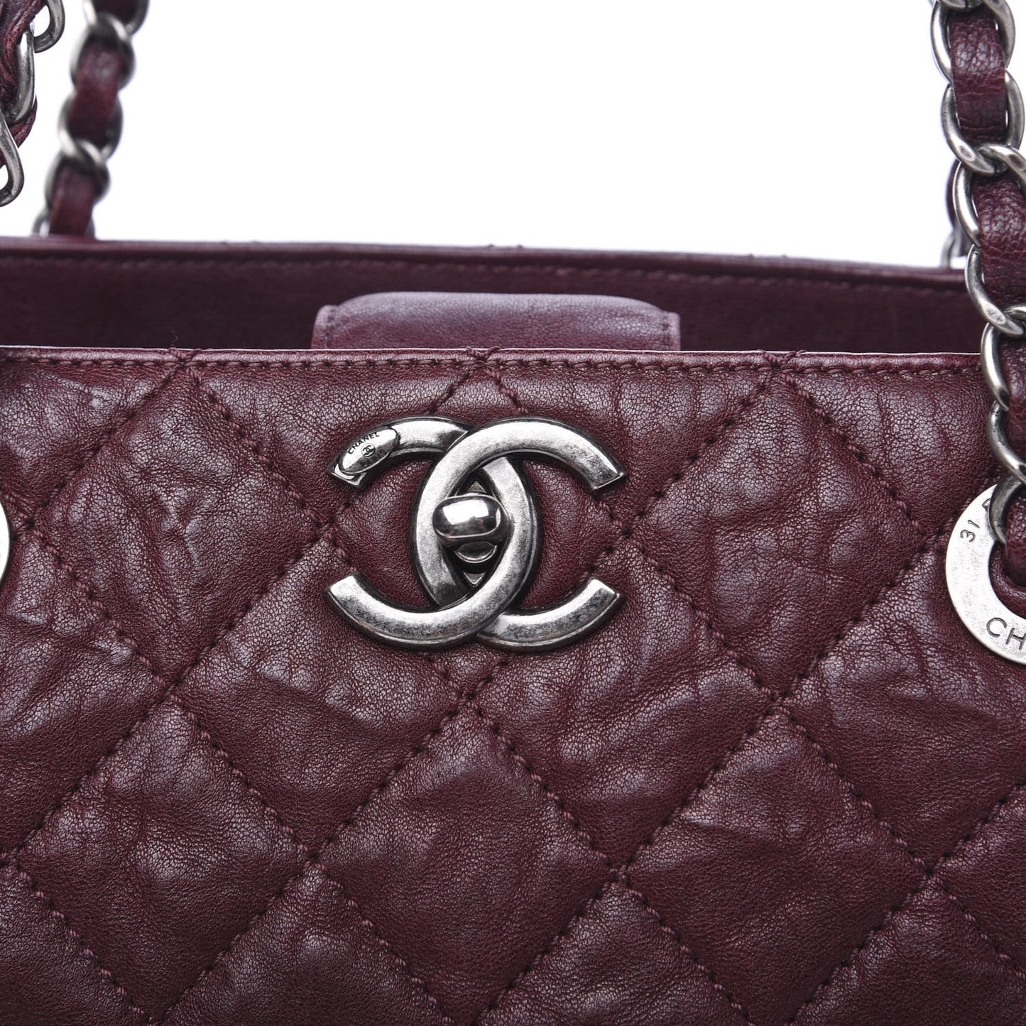 Crumpled Lambskin Quilted Large CC Shopping Tote Burgundy