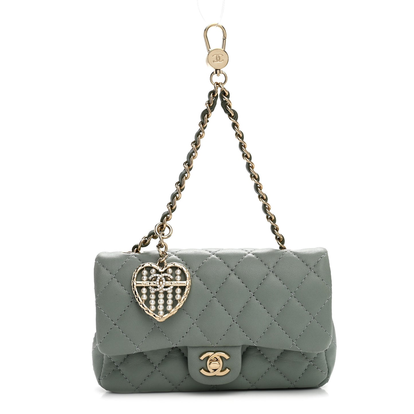 Lambskin Quilted Mini Flap Bag Charm With Hook Green