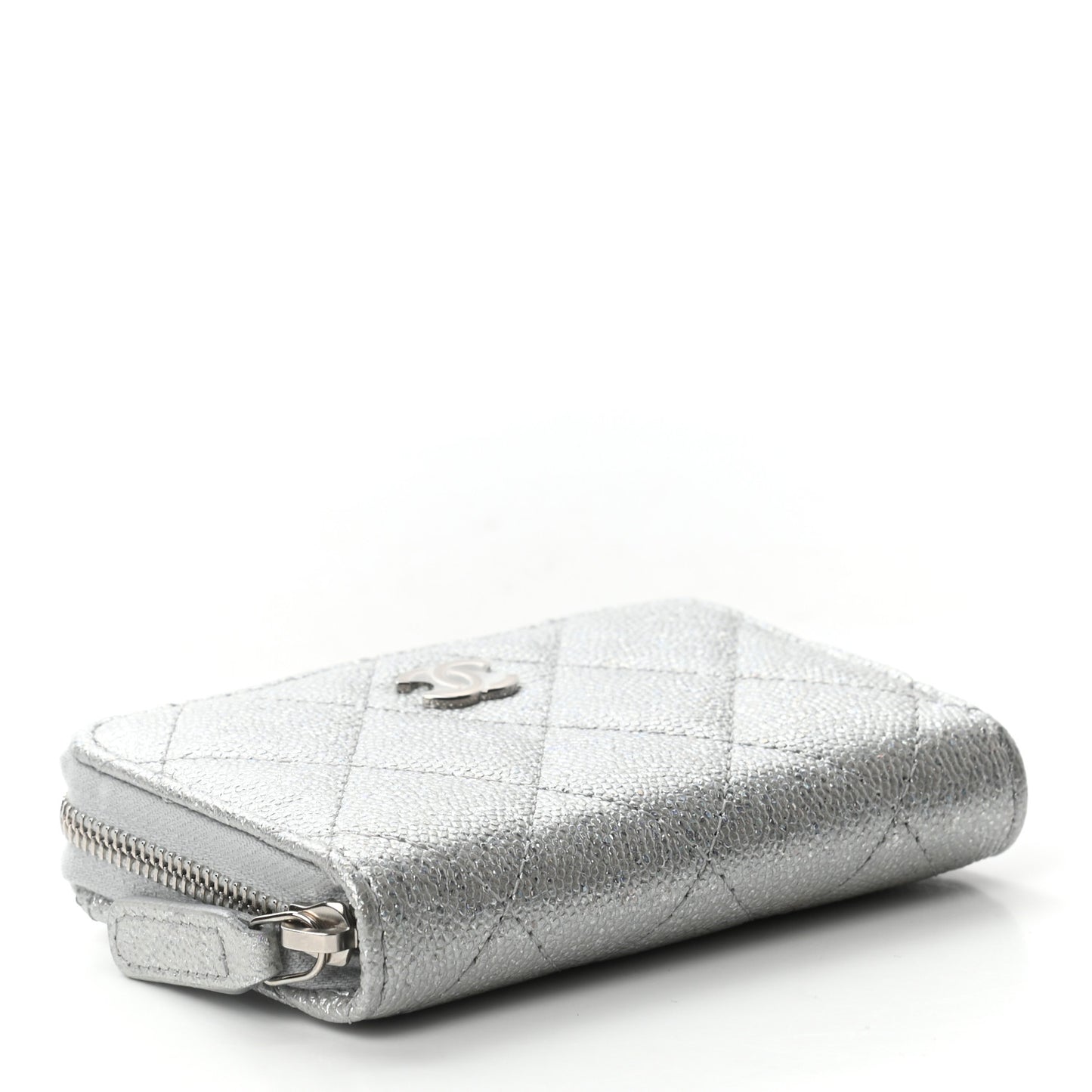 Glittered Metallic Caviar Quilted Zip Coin Purse Wallet Silver