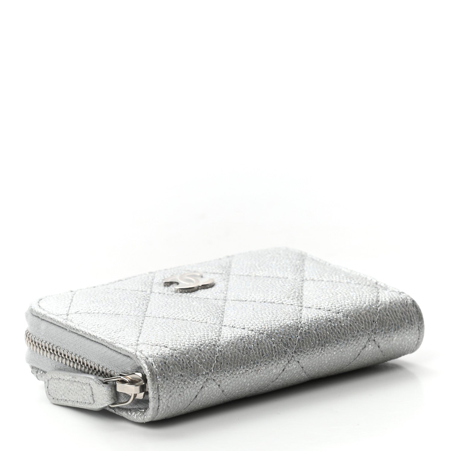 Chanel Glittered Metallic Caviar Quilted Zip Coin Purse Wallet Silver 4 of 7
