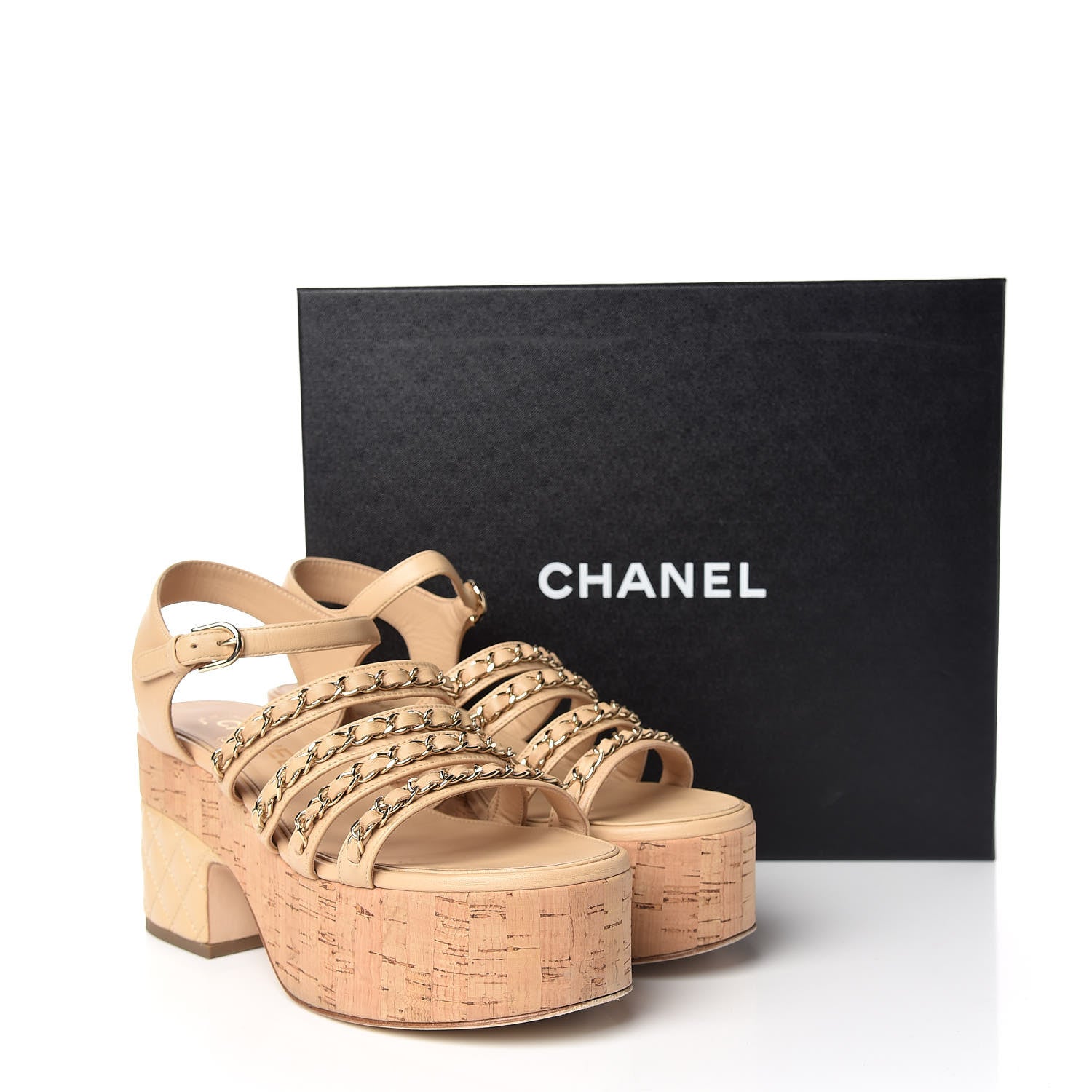 Chanel Lambskin Chain Cork Wedge Sandals 37 Beige 11 of 11