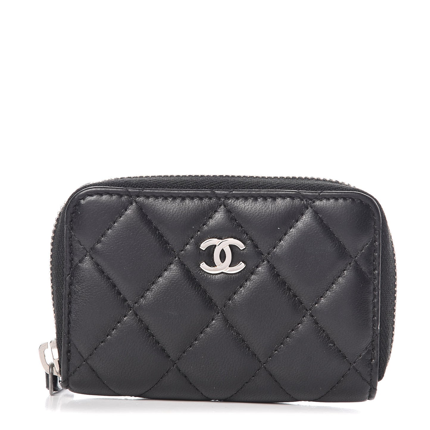 Lambskin Quilted Zip Around Coin Purse Wallet Black