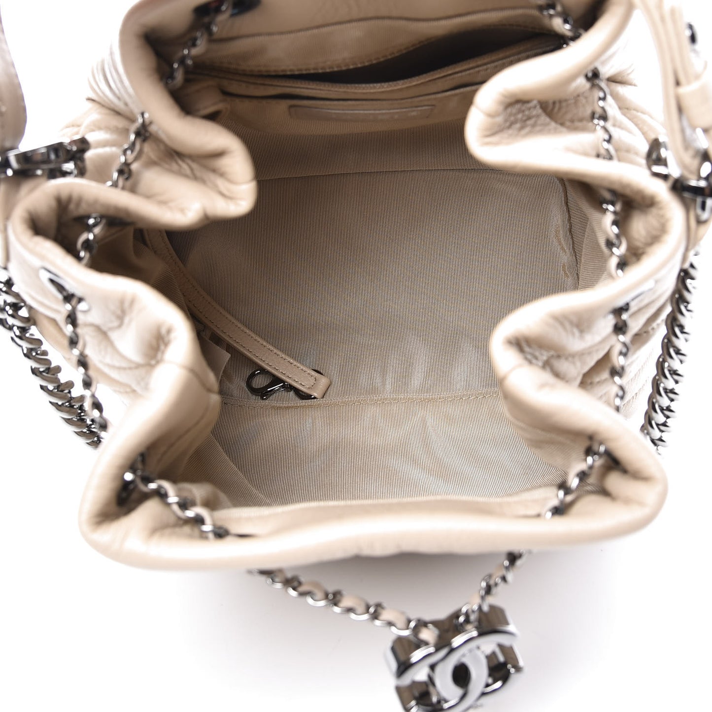 Deerskin Chevron Small CC Chain Bucket Bag Beige