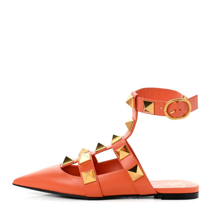 Valentino Garavani Calfskin Roman Stud Ankle Strap Flat Mules 38 Orange Zest 1 of 11