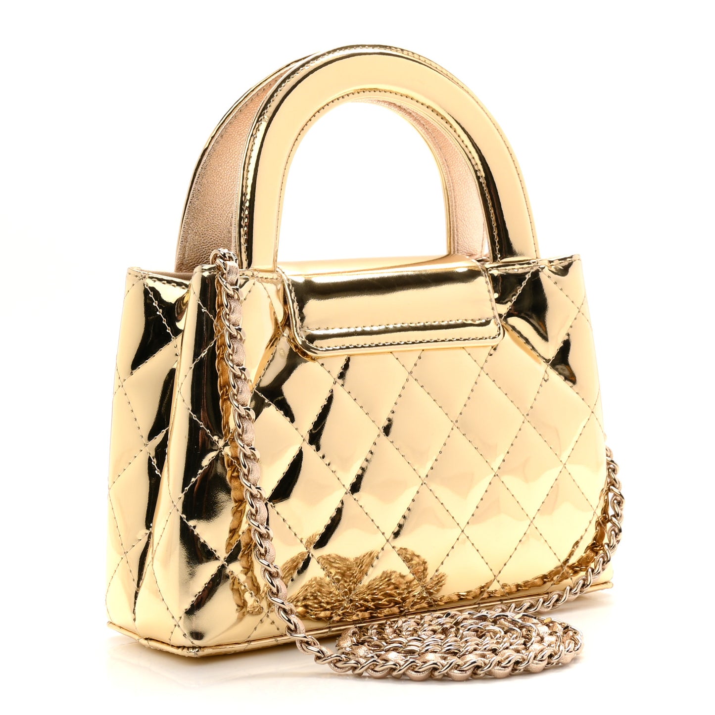 Mirror Calfskin Metallic Calfskin Quilted Nano Kelly Shopper Gold