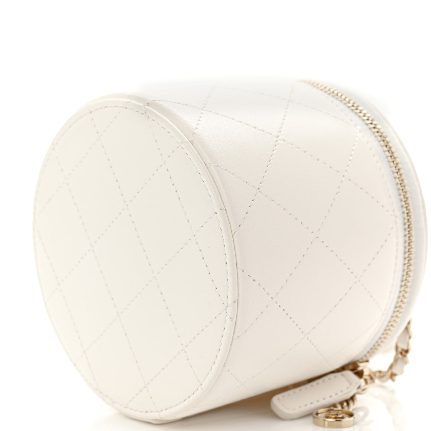 Lambskin Quilted Round Small Vanity Case With Chain White Black