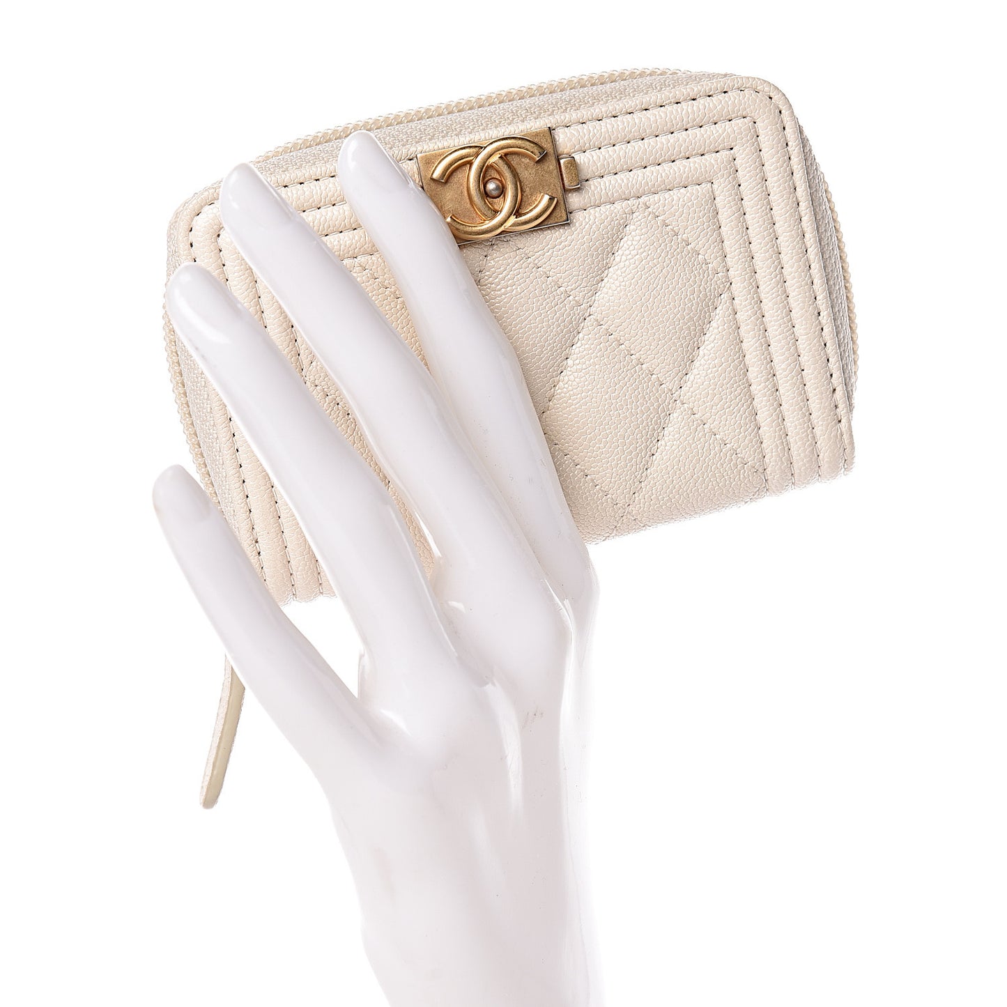 Caviar Quilted Boy Zip Around Coin Purse Wallet Ivory