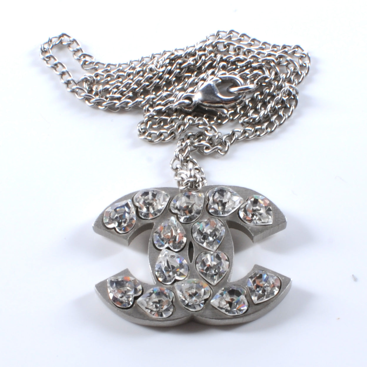 Chanel Crystal CC Heart Necklace Silver 1 of 3