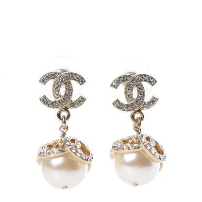 Chanel Crystal Pearl CC Drop Earrings Gold 1 of 6