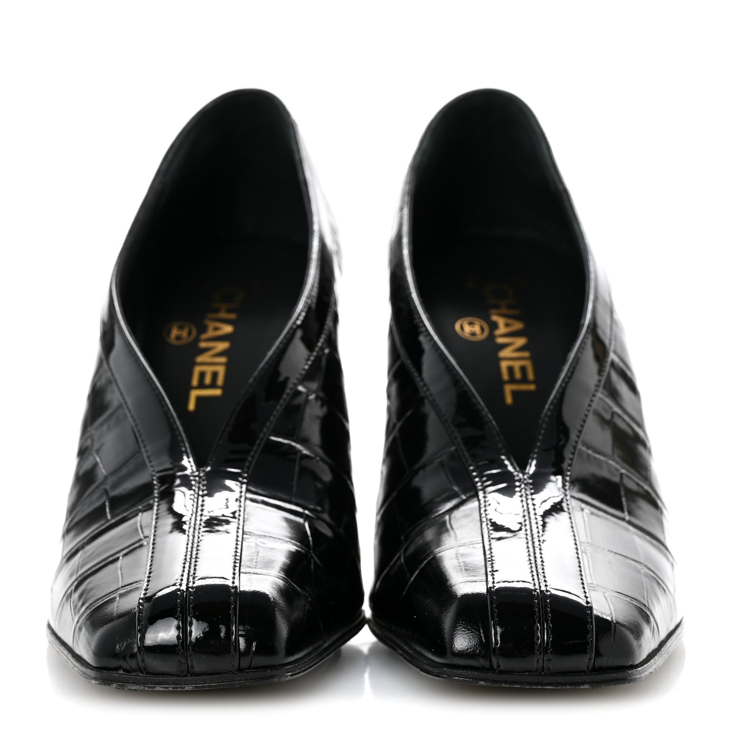 Crocodile Embossed Patent Calfskin Pumps 38 Black