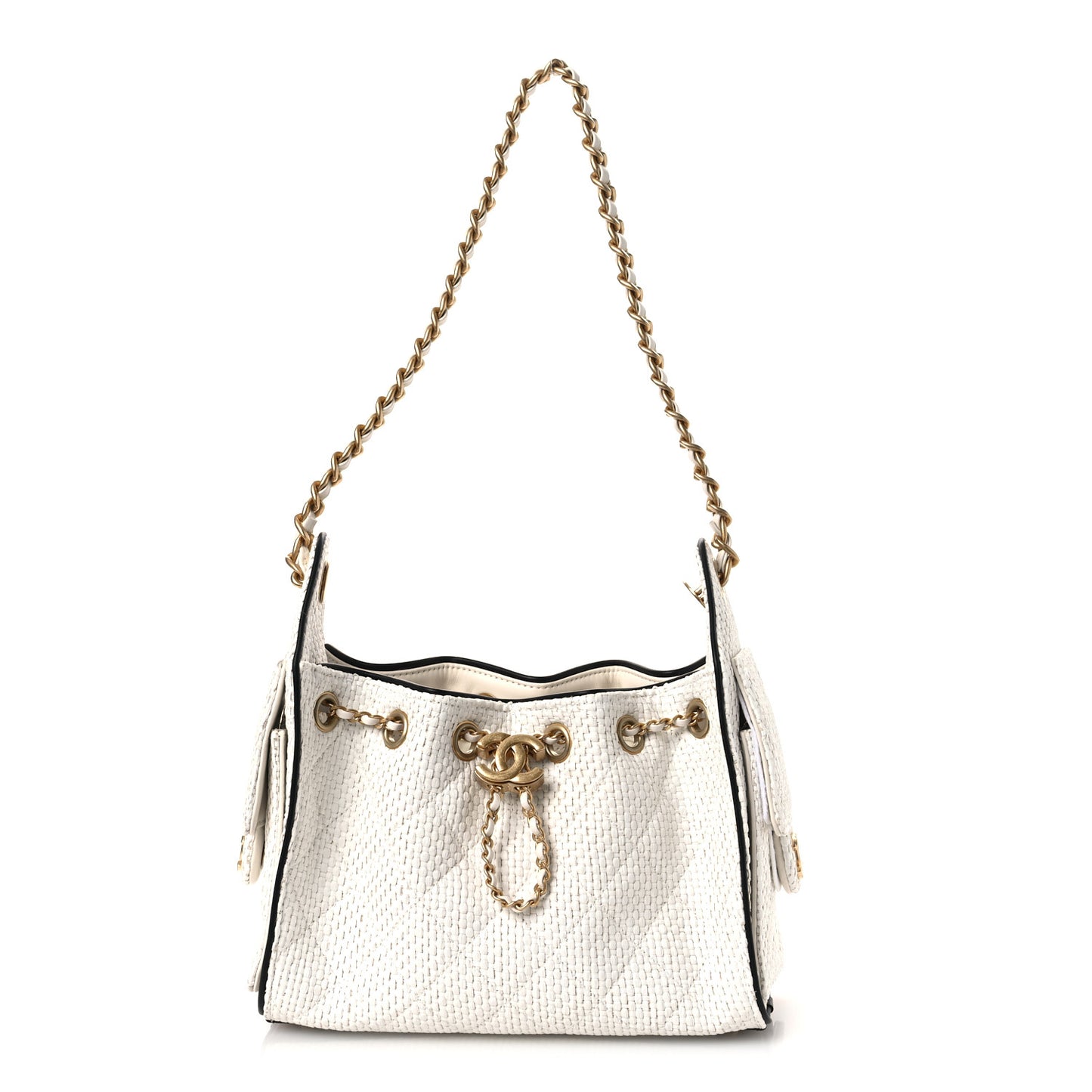 Braided Raffia Calfskin Mini Chanel 25 Handbag White Black