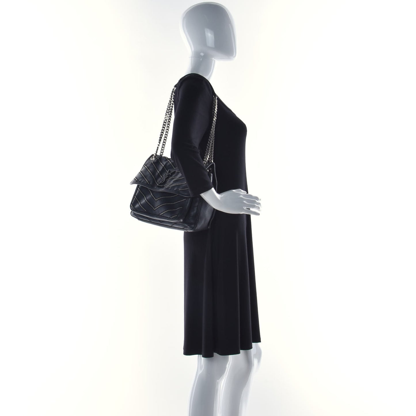 Calfskin Matelasse Monogram Microstud Medium Niki Chain Satchel Black