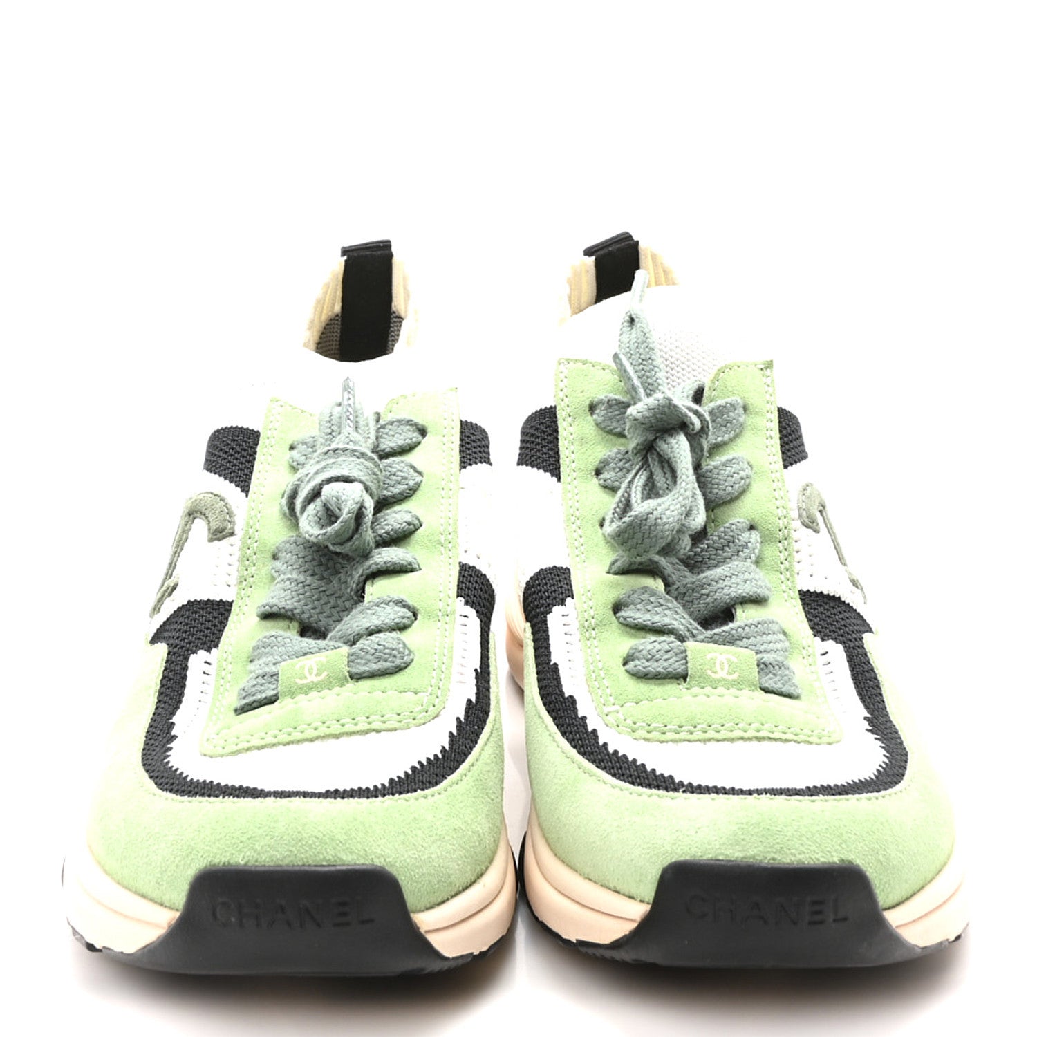 Chanel Knit Suede Fabric Womens CC Sneakers 41 Green Dark Green White Black 2 of 9