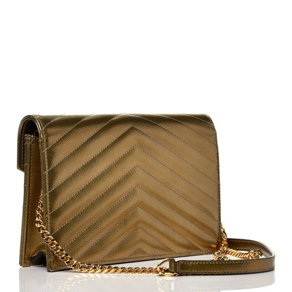 Saint Laurent Metallic Calfskin Matelasse Chevron Monogram Envelope Chain Wallet Gold 3 of 10