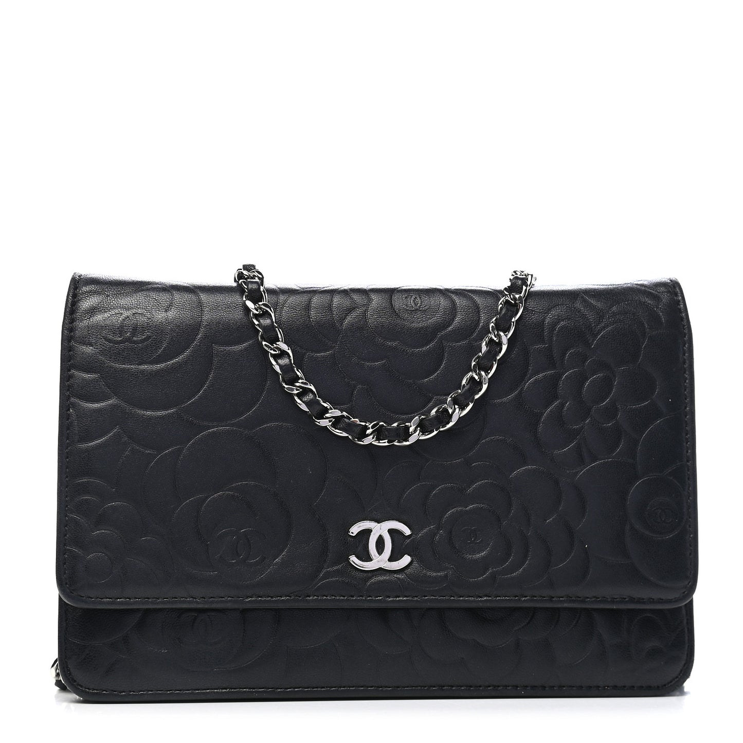 Lambskin Camellia Embossed Wallet On Chain WOC Black