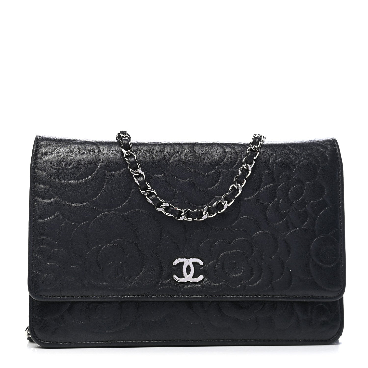 Chanel Lambskin Camellia Embossed Wallet On Chain WOC Black 1 of 9