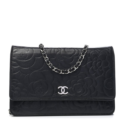 Chanel Lambskin Camellia Embossed Wallet On Chain WOC Black 1 of 9