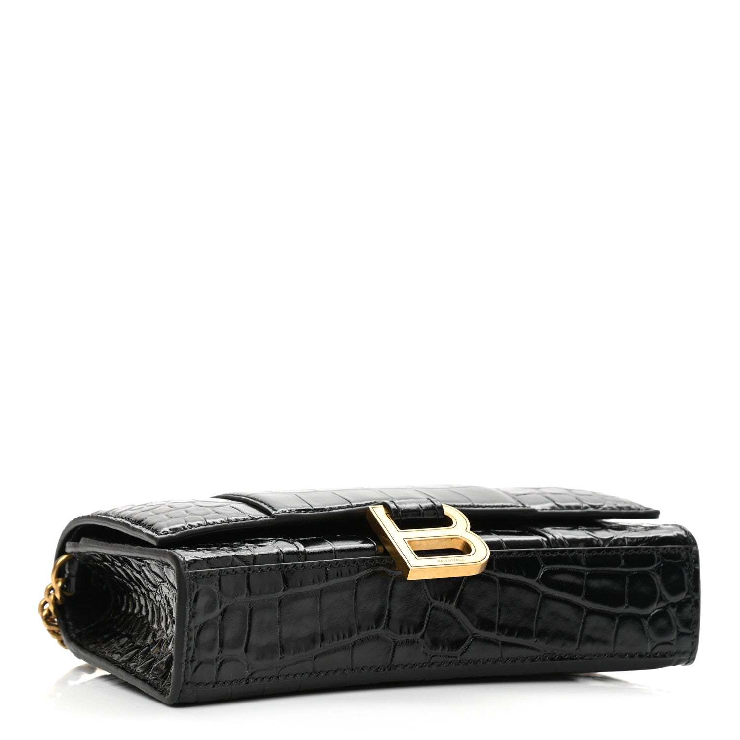 Balenciaga Shiny Calfskin Crocodile Embossed Hourglass Chain Bag Black 3 of 8
