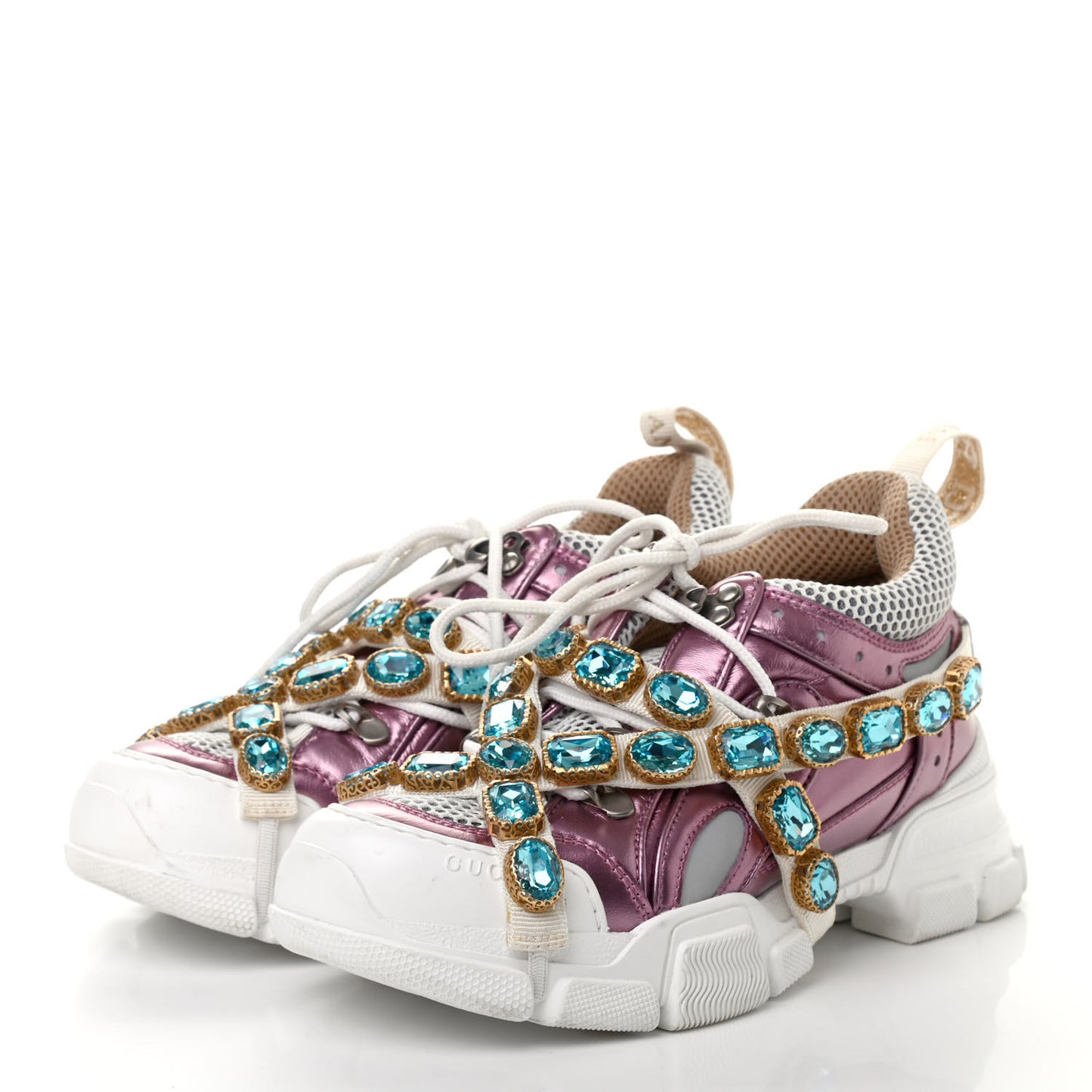 X SEGA Metallic Calfskin Mesh Removable Crystals Womens Flashtrek Sneakers 37 Rosa Great White Silver