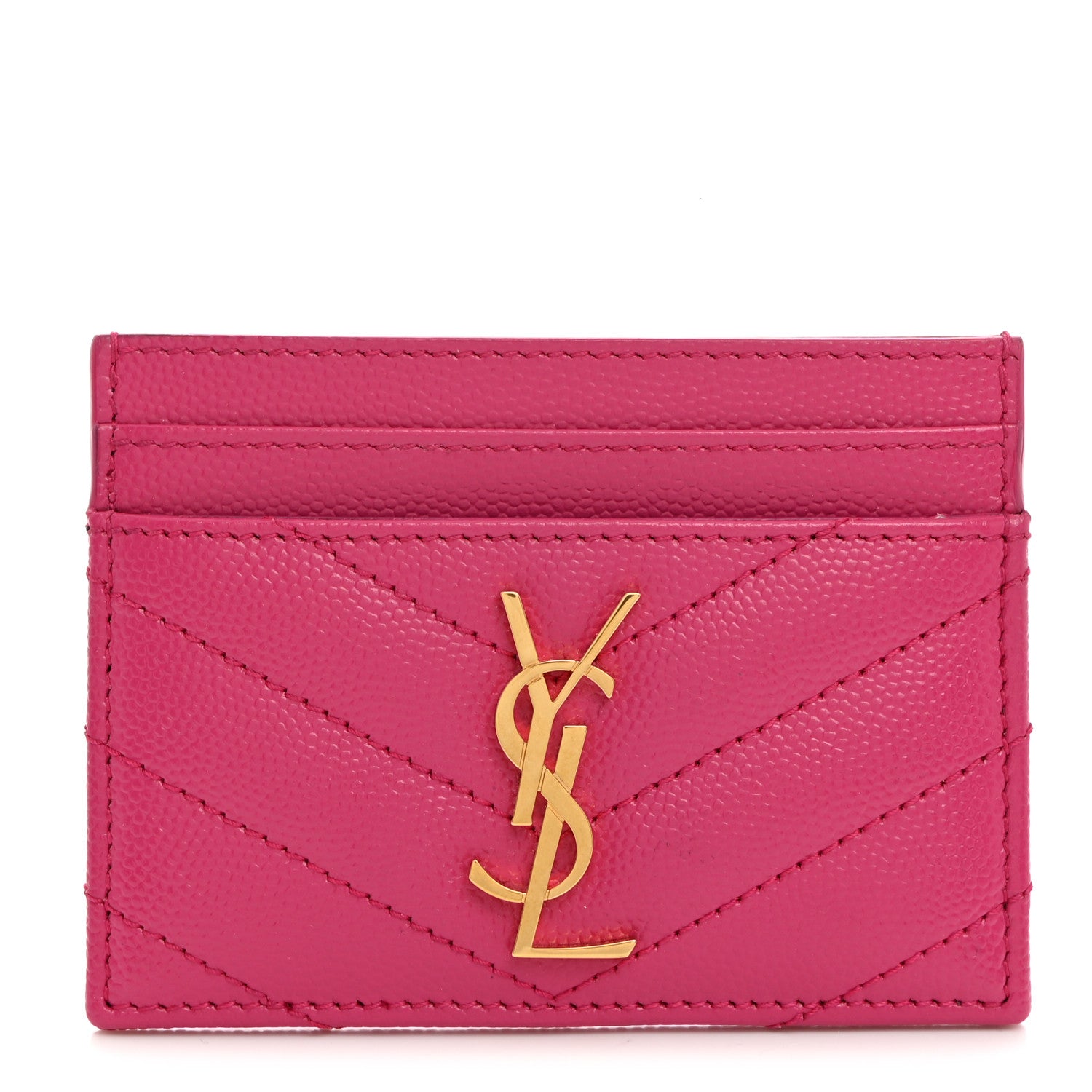 Saint Laurent Grain De Poudre Matelasse Chevron Monogram Credit Card Case Fresh Fuxia 1 of 7