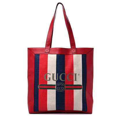 Gucci Canvas Calfskin Sylvie Stripe Logo Mens Tote Red White Blue 1 of 12
