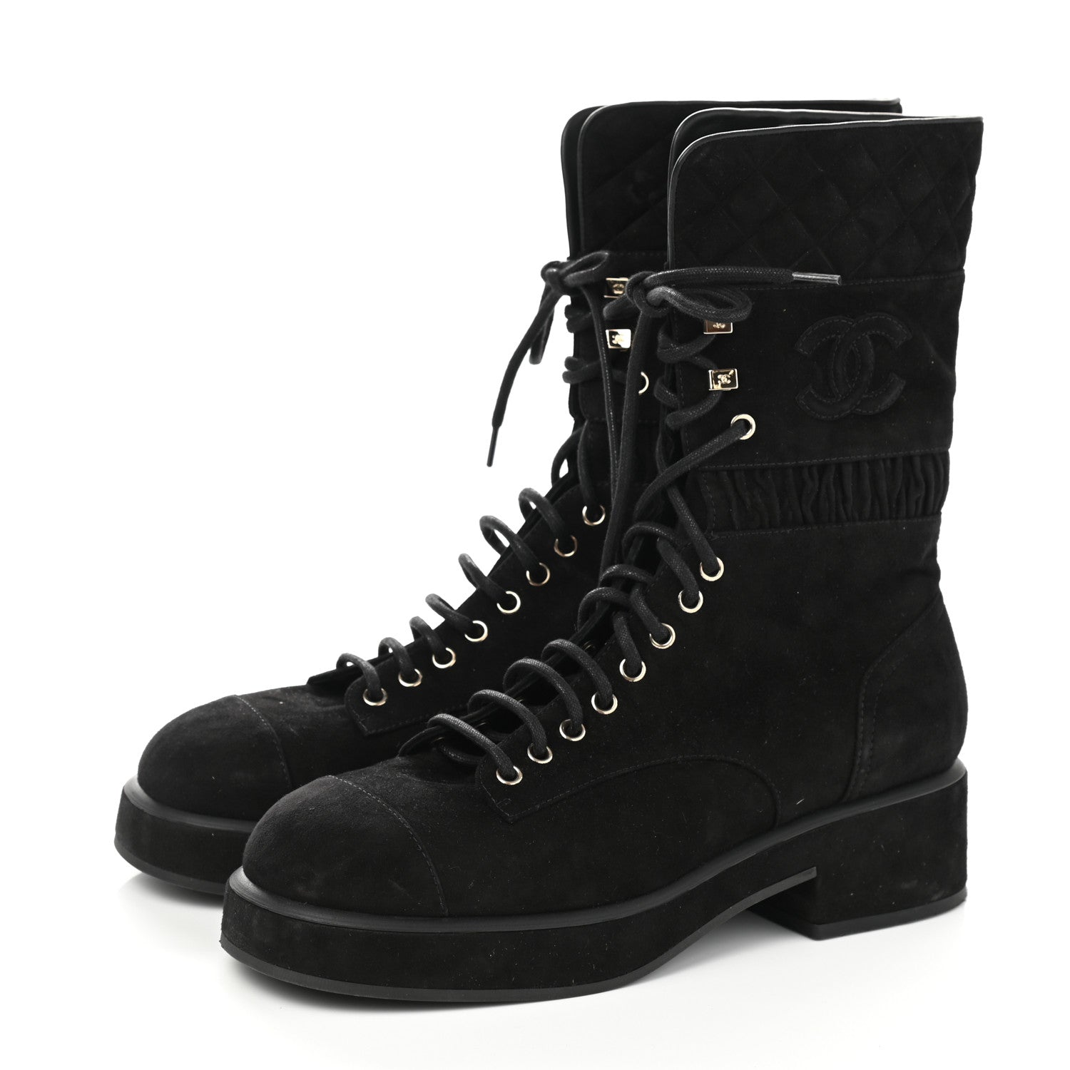 Chanel Suede Quilted Lace Up Combat Boots 41 Black 3 of 8